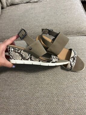 Taupe Wedge Sandals with Snake-Print Accent